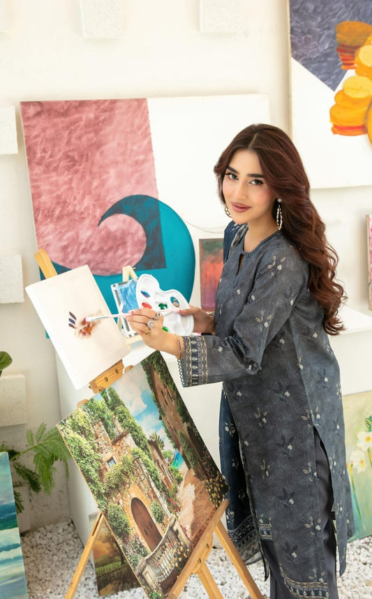 Anaya | Charcoal Grey 3-Piece Printed Lawn Suit with Lawn Dupatta - sitarastyle.com