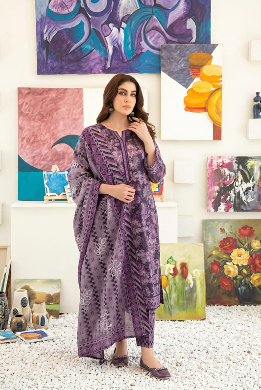 Anaya | Deep Purple Printed Lawn 3Pc Suit with Embroidery - sitarastyle.com