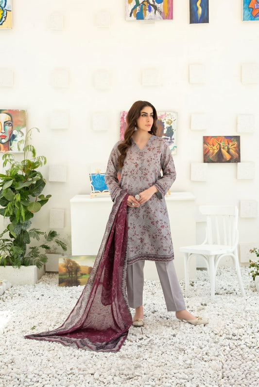 Anaya | Dove Grey 3-Pc Printed Lawn Suit with Lawn Dupatta - sitarastyle.com