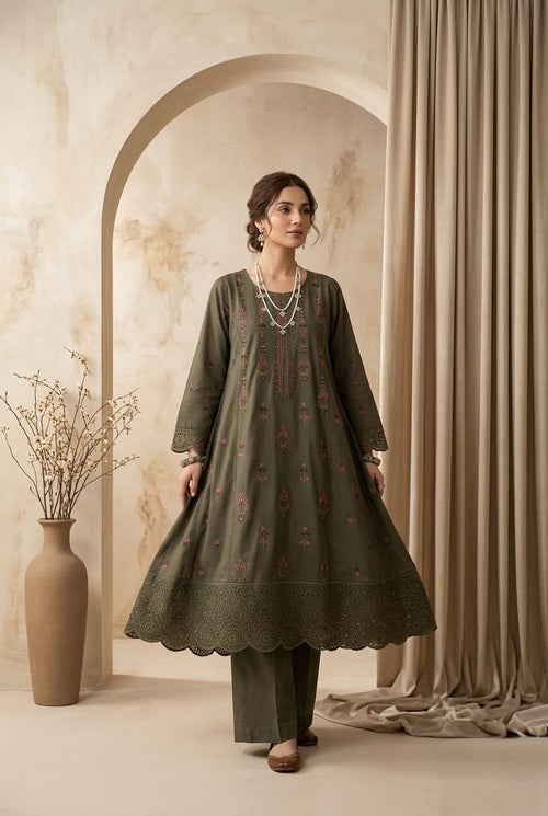 Mehak army green 2pc embroidered lawn frock with thread work - Sitara Style