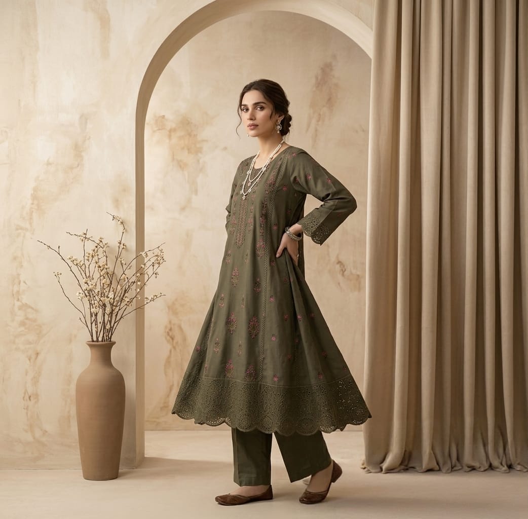 Army Green 2pc Embroidered Lawn Frock - Thread Work Edition - sitarastyle.com