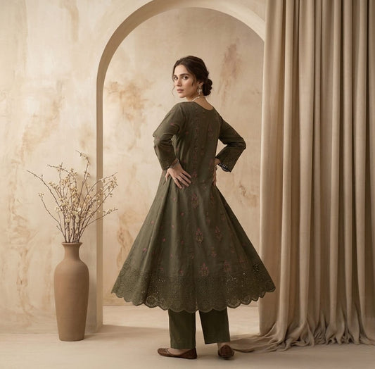 Army Green 2pc Embroidered Lawn Frock - Thread Work Edition - sitarastyle.com