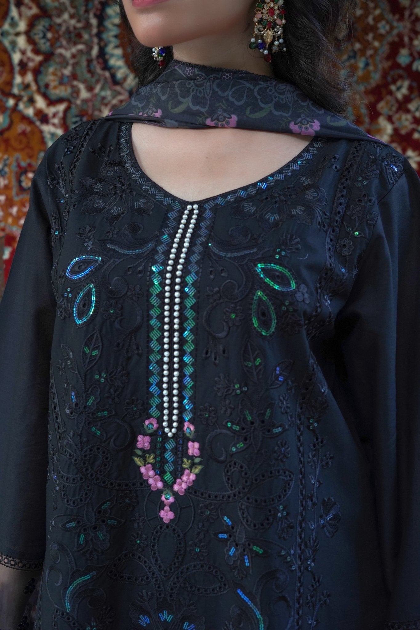 Black Chikankari Embroidered 3-Piece Lawn Suit with Silk Chiffon Dupatta - sitarastyle.com