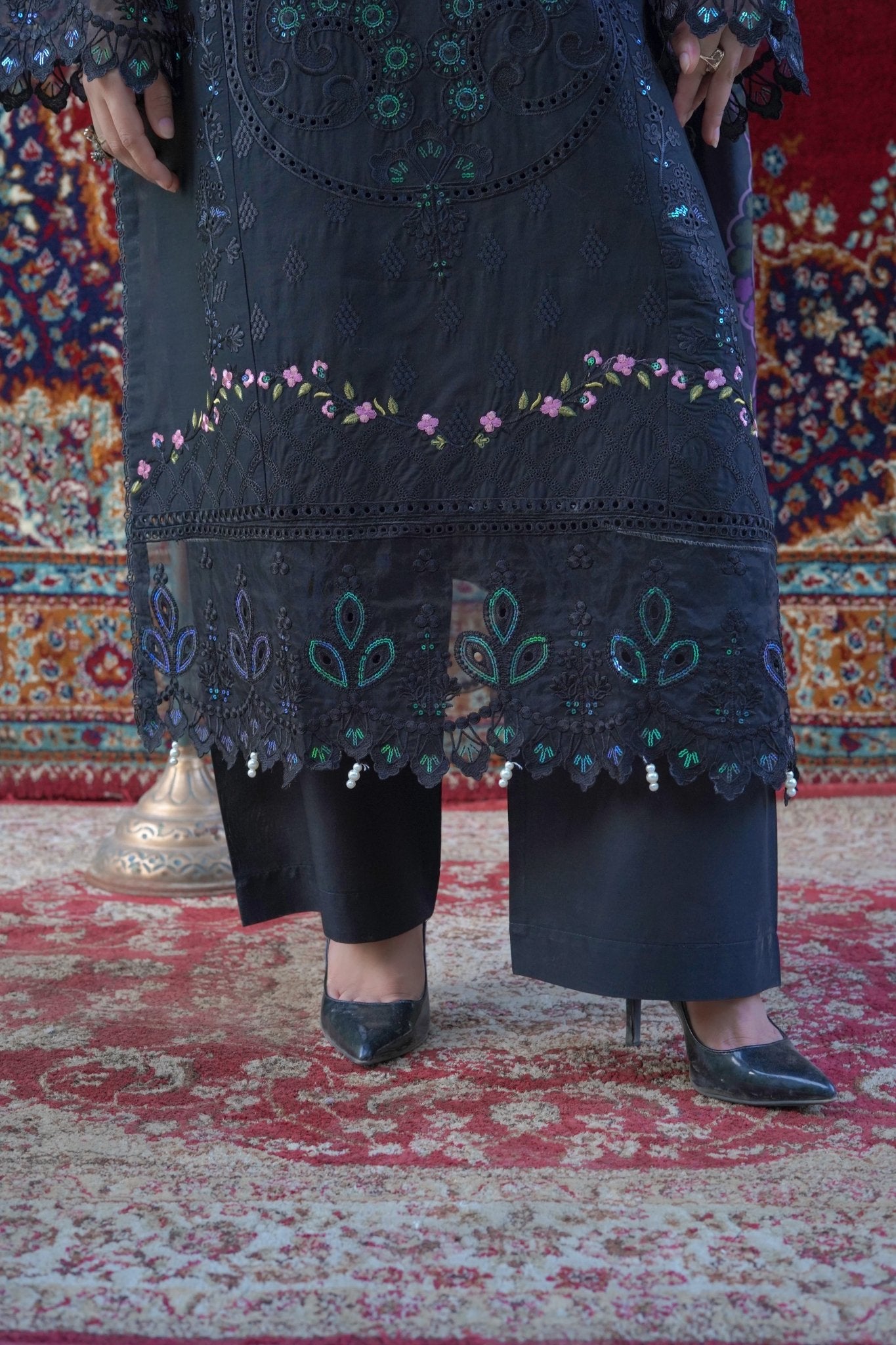 Black Chikankari Embroidered 3-Piece Lawn Suit with Silk Chiffon Dupatta - sitarastyle.com