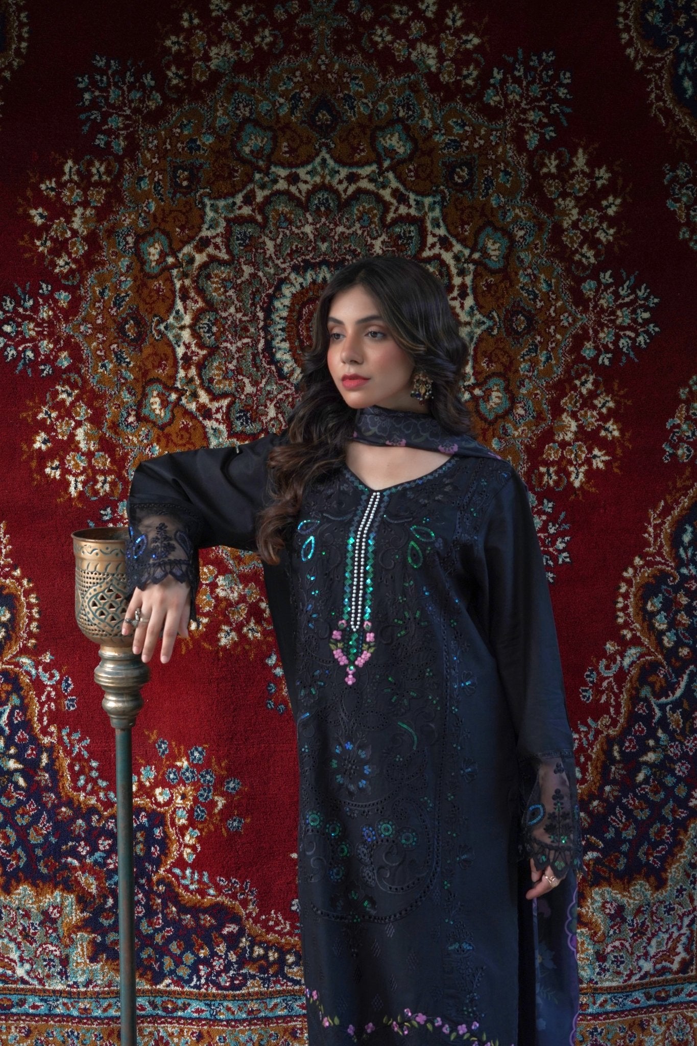 Black Chikankari Embroidered 3-Piece Lawn Suit with Silk Chiffon Dupatta - sitarastyle.com