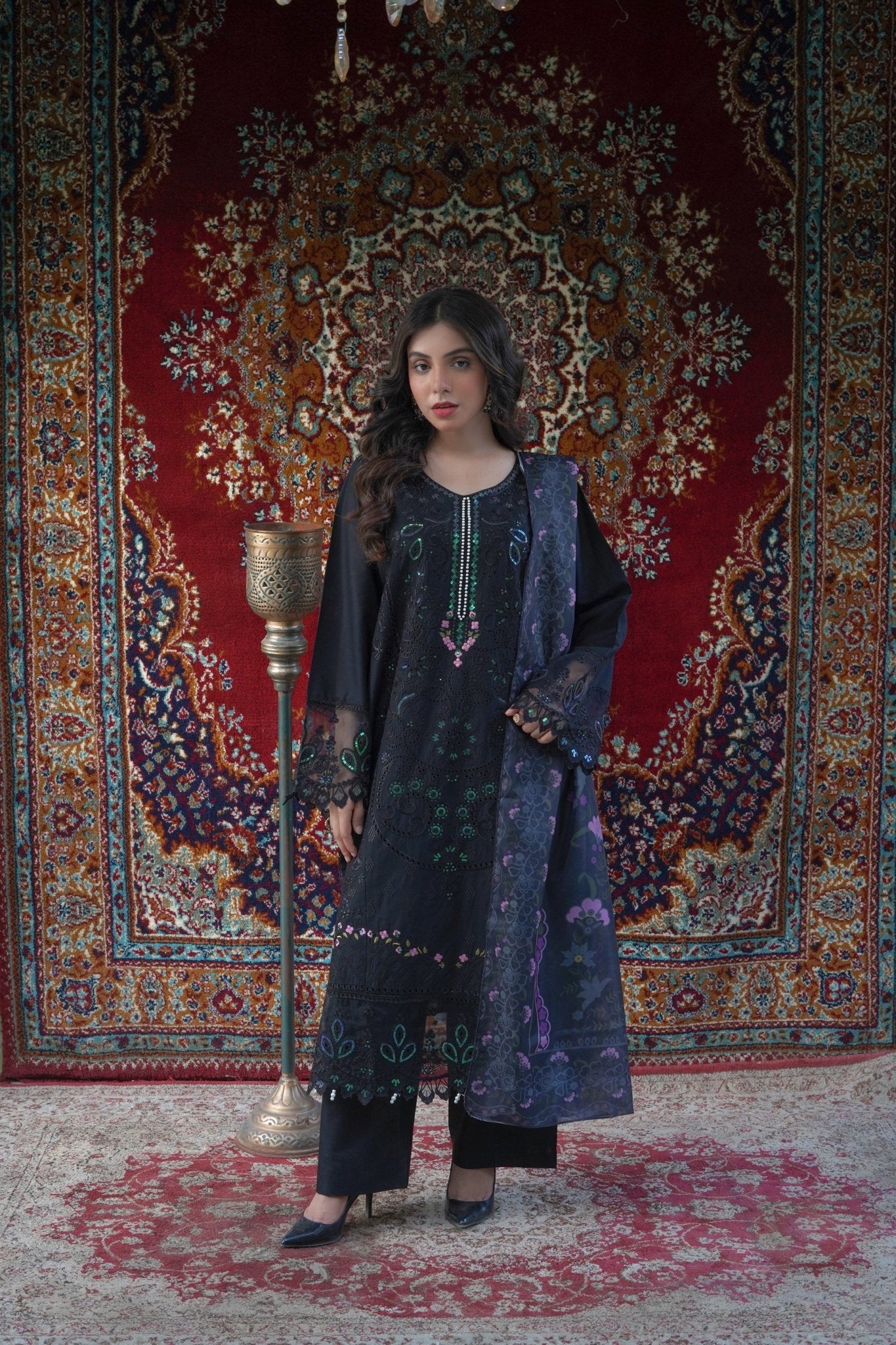 Black Chikankari Embroidered 3-Piece Lawn Suit with Silk Chiffon Dupatta - sitarastyle.com