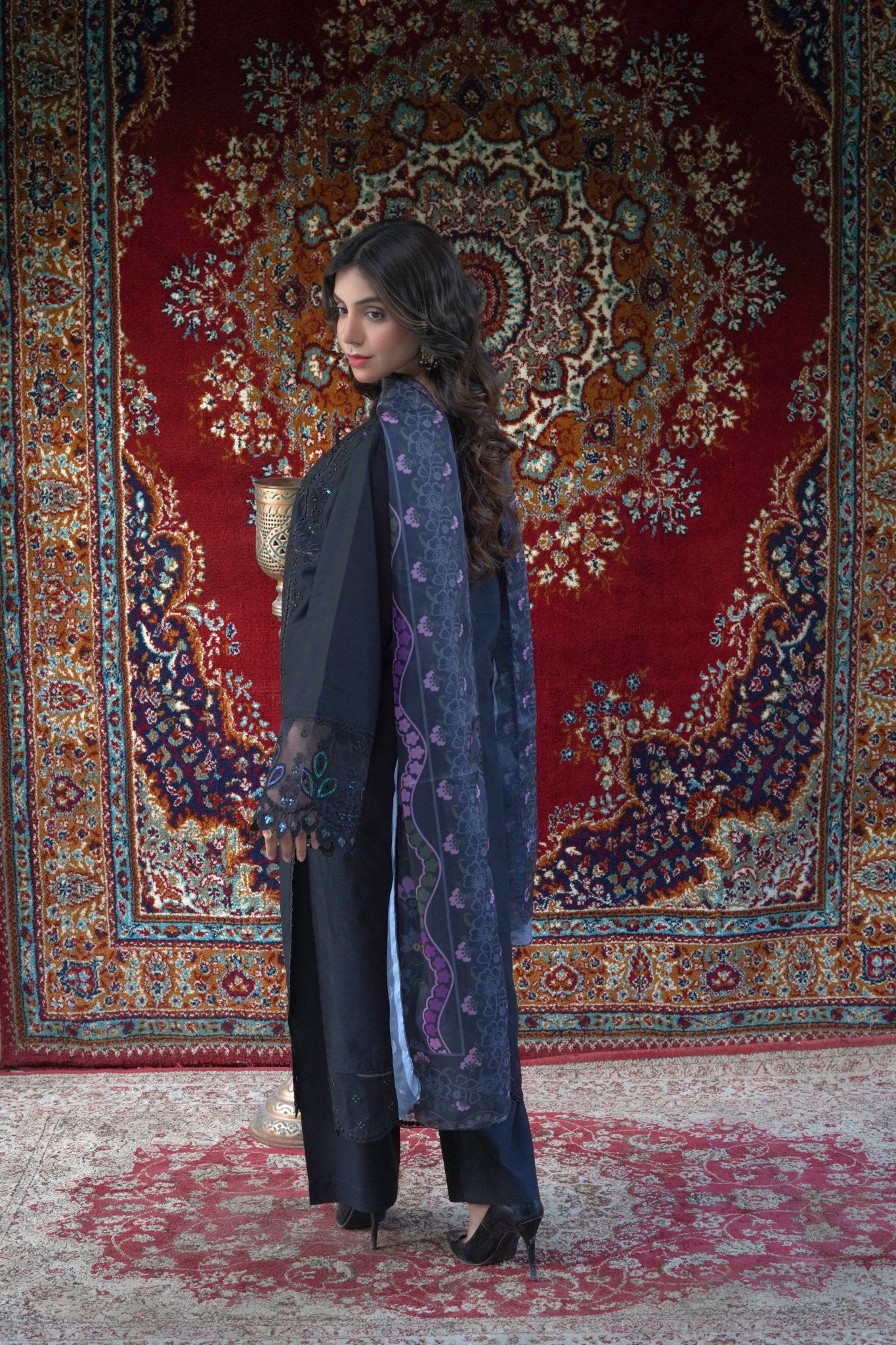 Black Chikankari Embroidered 3-Piece Lawn Suit with Silk Chiffon Dupatta - sitarastyle.com