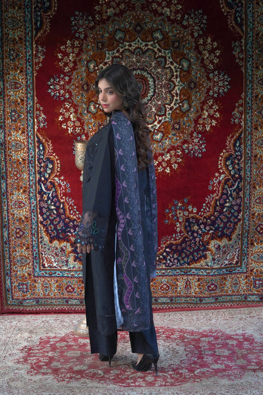 Black Chikankari Embroidered 3-Piece Lawn Suit with Silk Chiffon Dupatta - sitarastyle.com