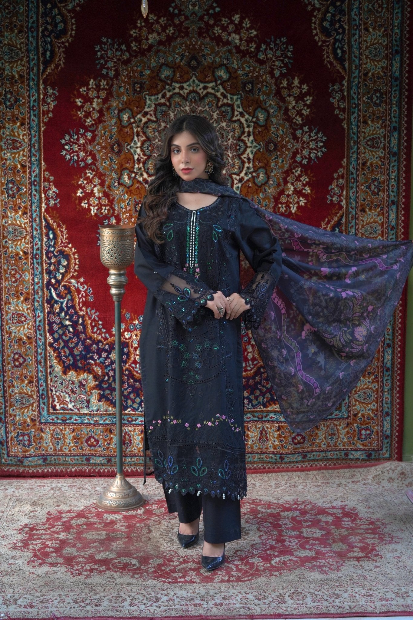 Black Chikankari Embroidered 3-Piece Lawn Suit with Silk Chiffon Dupatta - sitarastyle.com