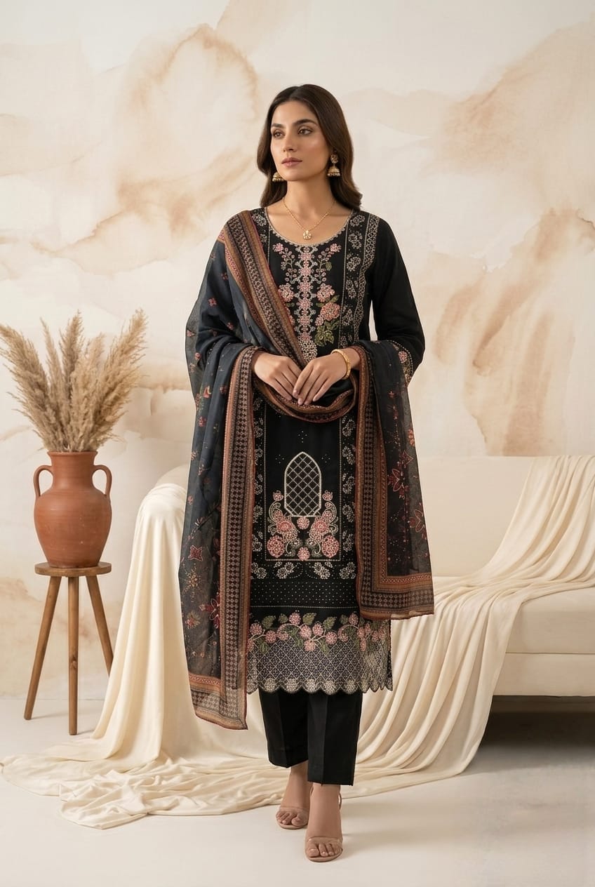 Black Chikankari Embroidered 3 - Piece Suit with Printed Chiffon Dupatta - sitarastyle.com