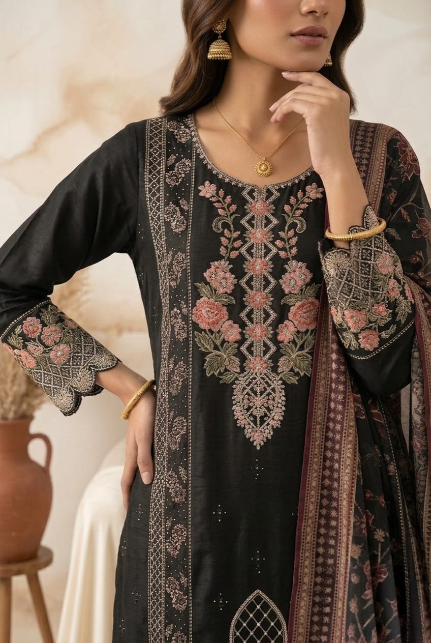 Black Chikankari Embroidered 3 - Piece Suit with Printed Chiffon Dupatta - sitarastyle.com