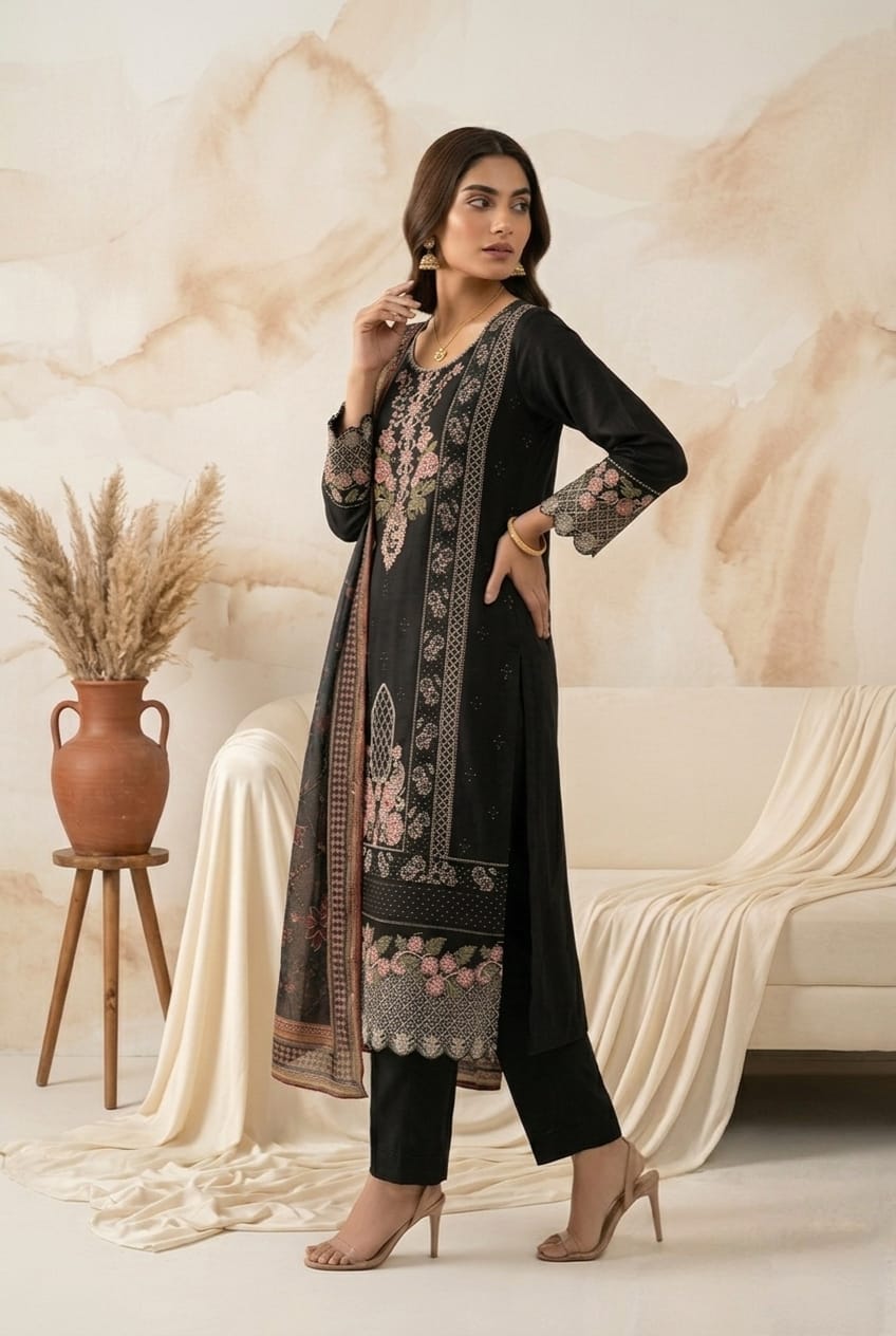 Black Chikankari Embroidered 3 - Piece Suit with Printed Chiffon Dupatta - sitarastyle.com