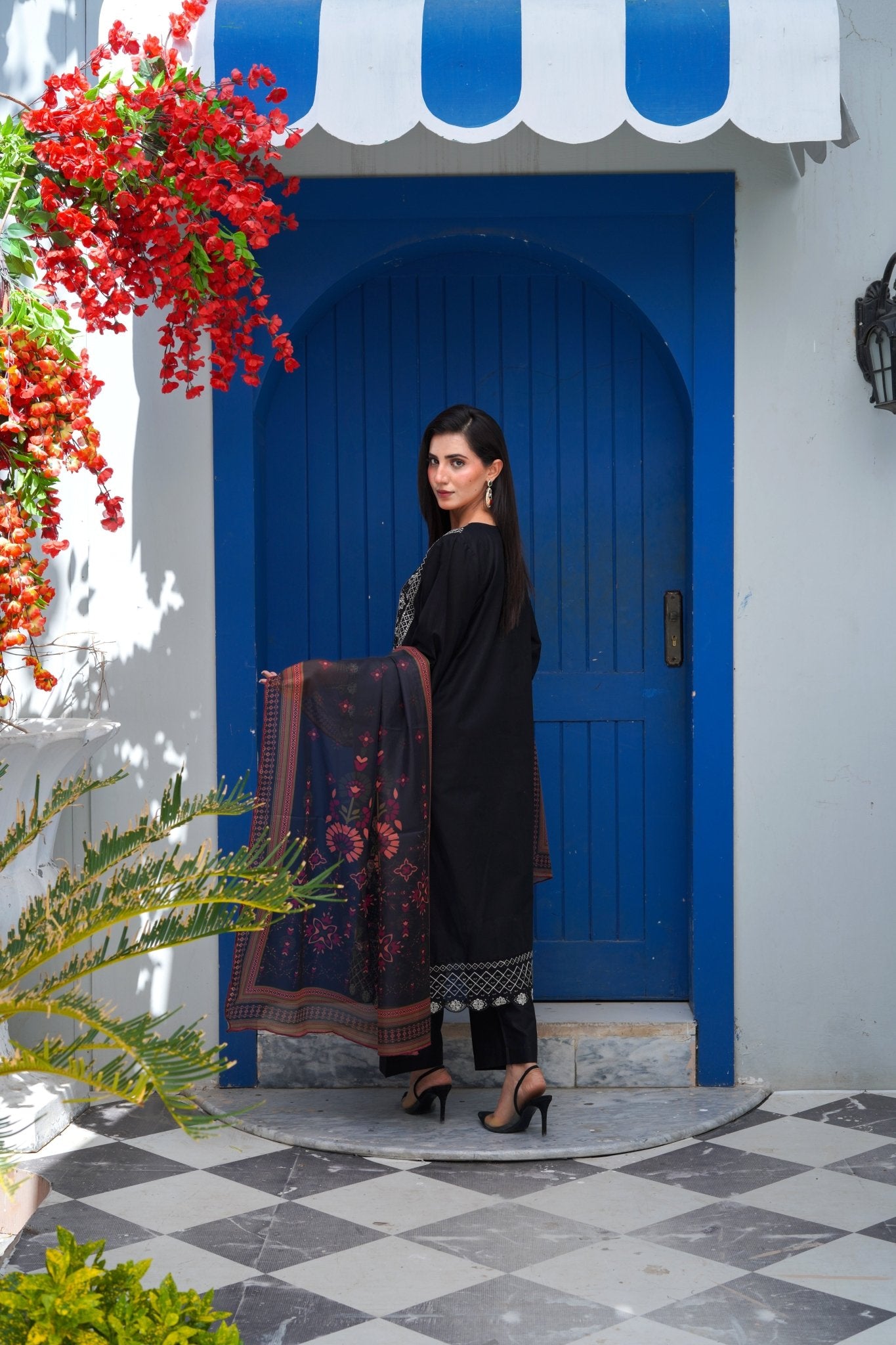 Black Chikankari Embroidered 3pc Suit with Printed Chiffon Dupatta - sitarastyle.com