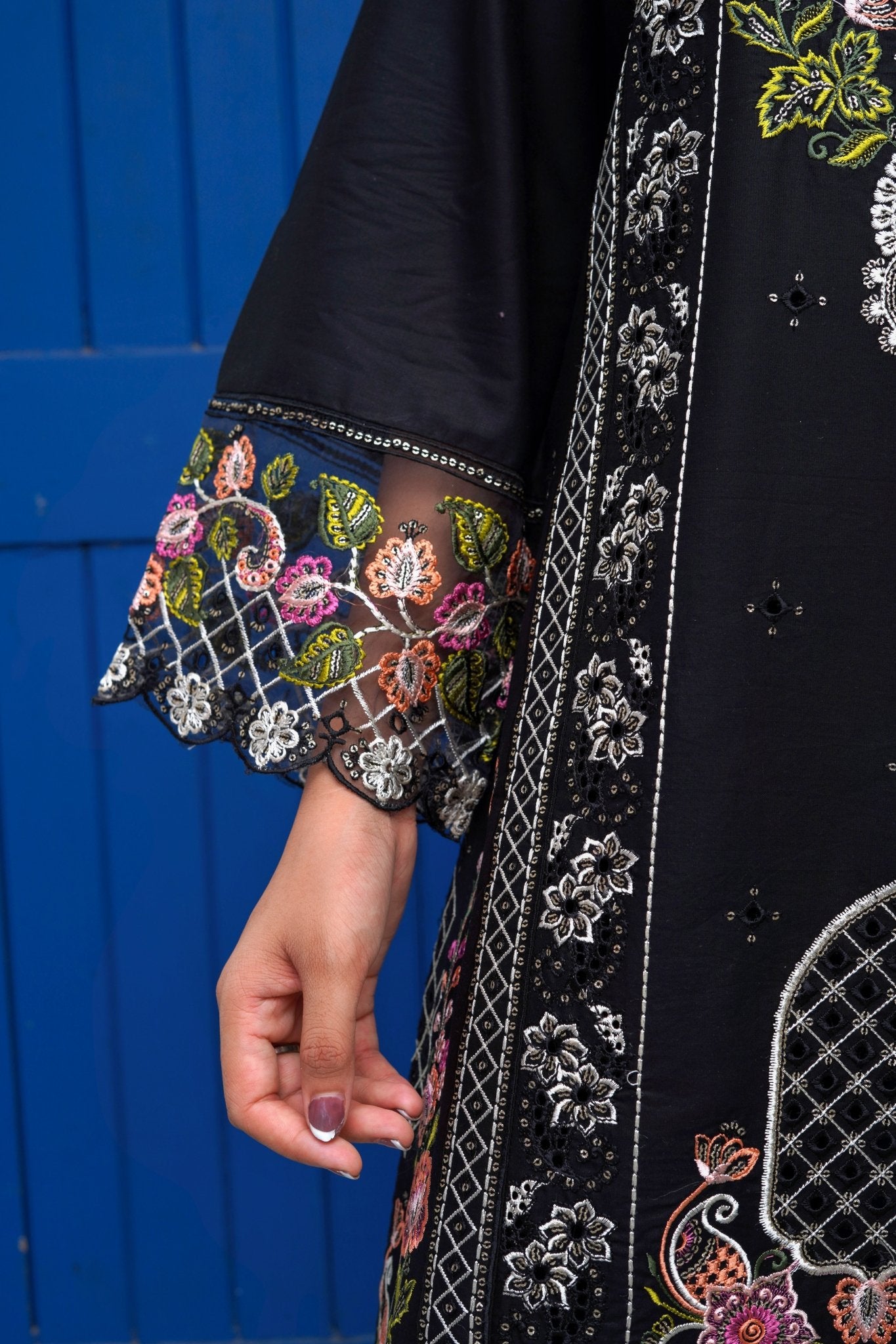 Black Chikankari Embroidered 3pc Suit with Printed Chiffon Dupatta - sitarastyle.com