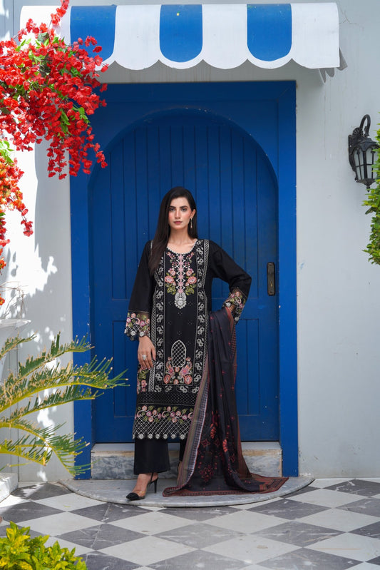 Black Chikankari Embroidered 3pc Suit with Printed Chiffon Dupatta - sitarastyle.com