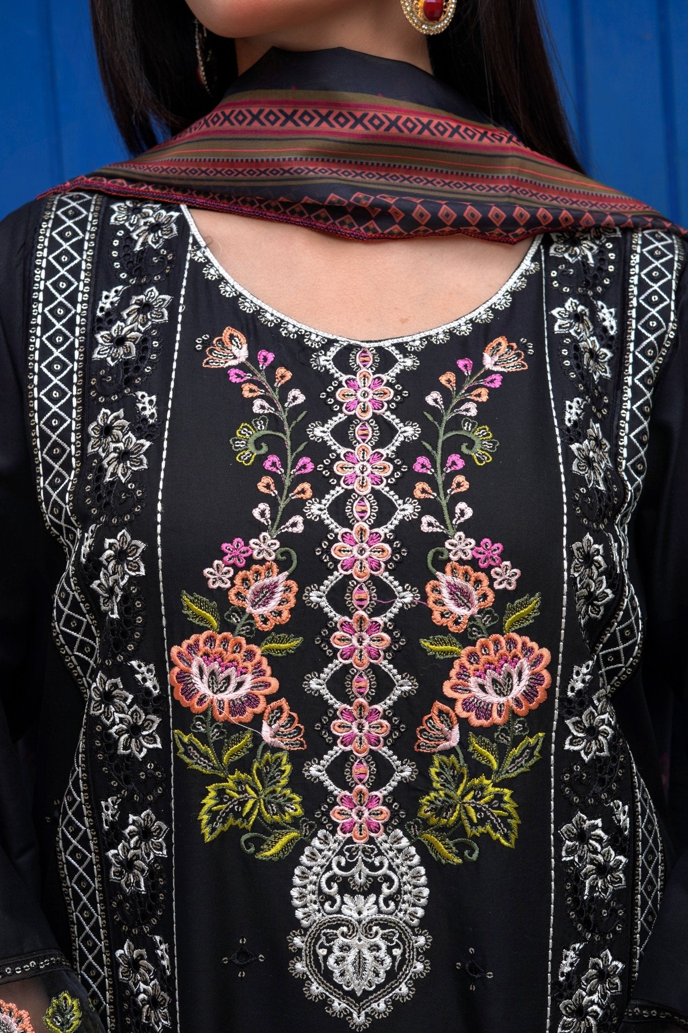 Black Chikankari Embroidered 3pc Suit with Printed Chiffon Dupatta - sitarastyle.com