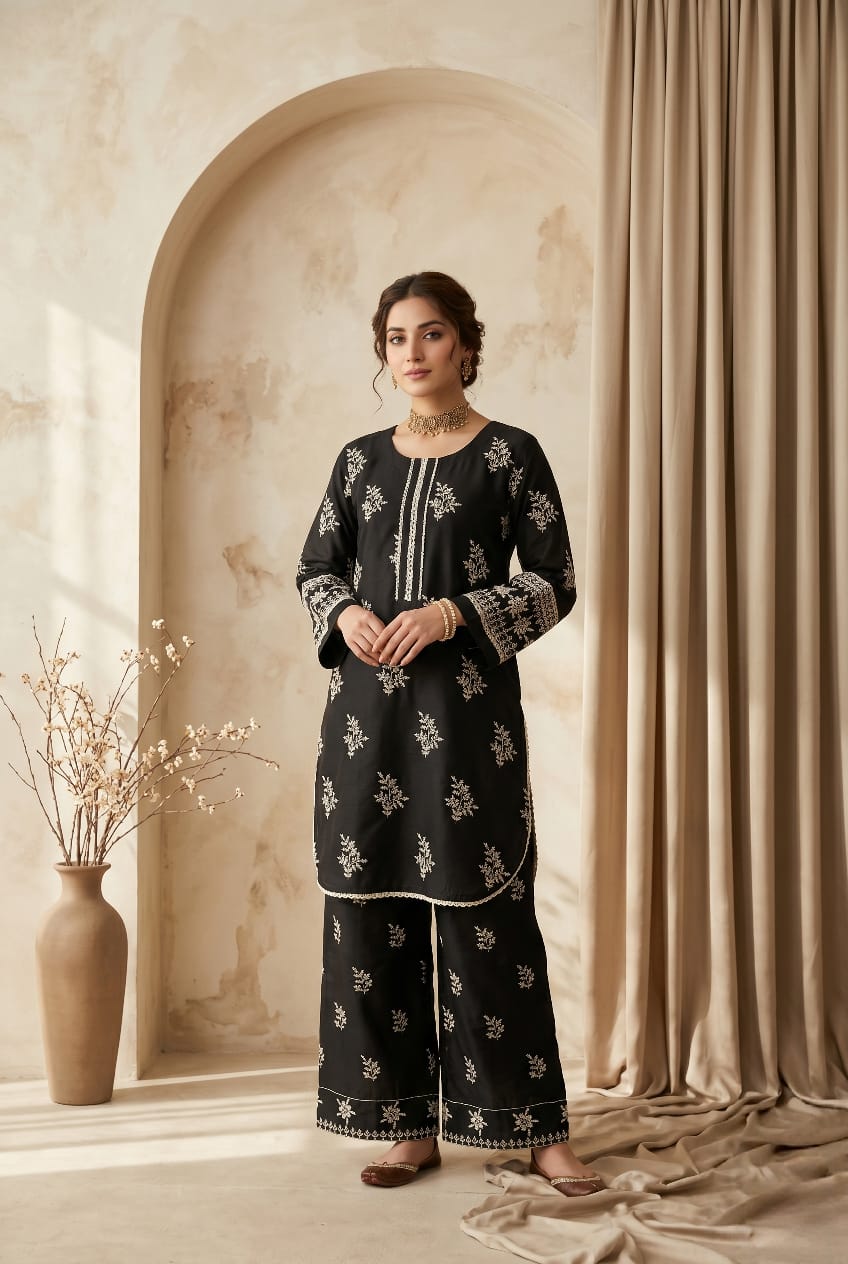 Black Embroidered 2 - Piece Lawn Suit with Flapper Trousers - sitarastyle.com
