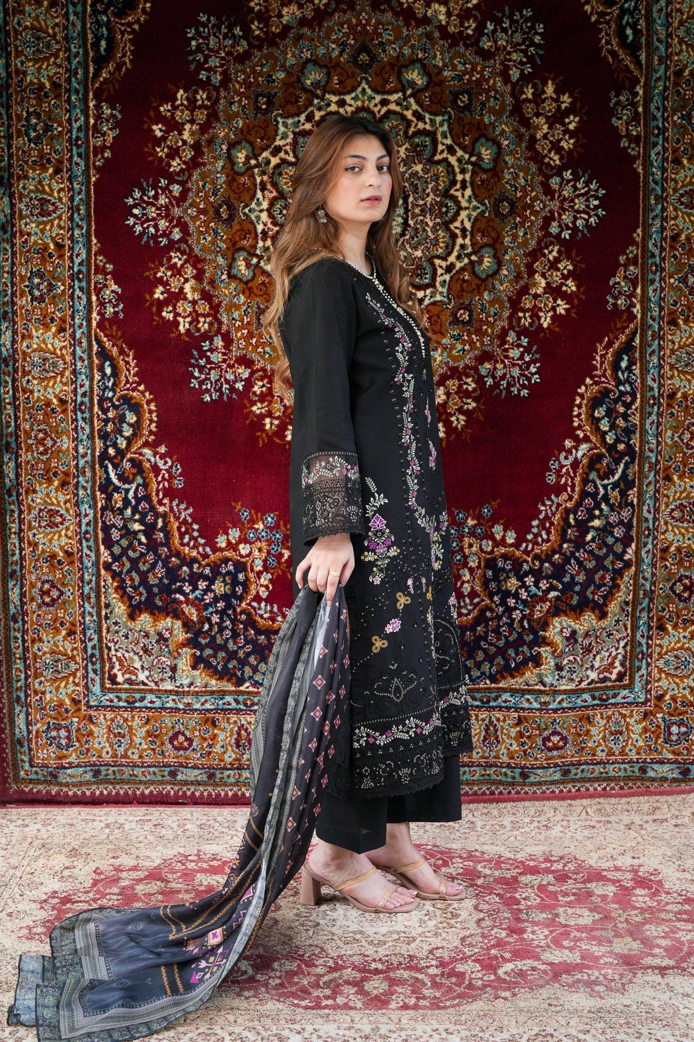 Black Embroidered 3-Piece Lawn Suit with Printed Silk Chiffon Dupatta - sitarastyle.com
