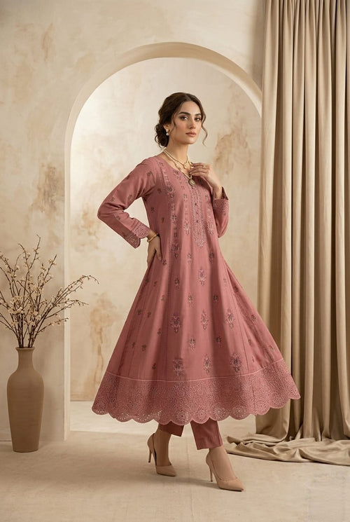 Mehak blush pink 2pc embroidered lawn frock with thread work - Sitara Style