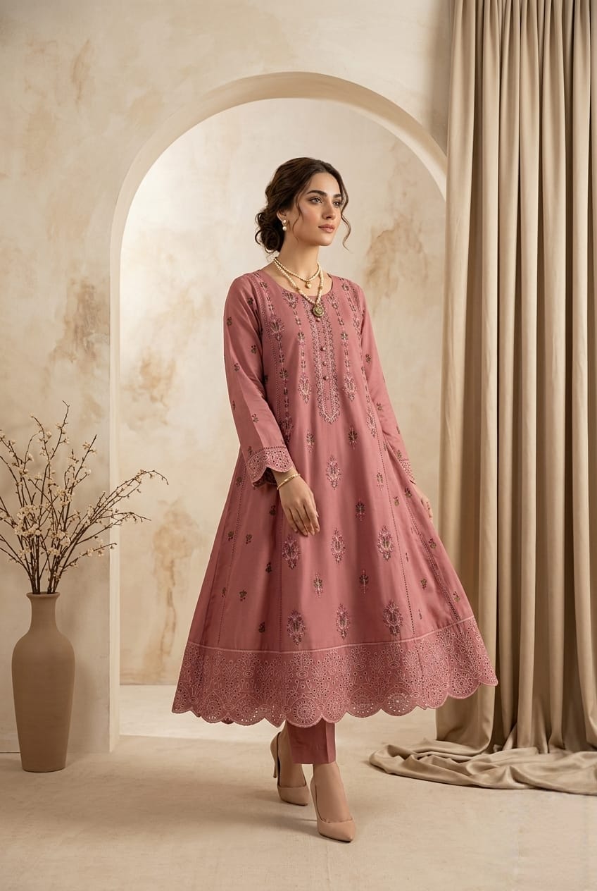 Blush Pink 2pc Embroidered Lawn Frock - Thread Work Edition - sitarastyle.com