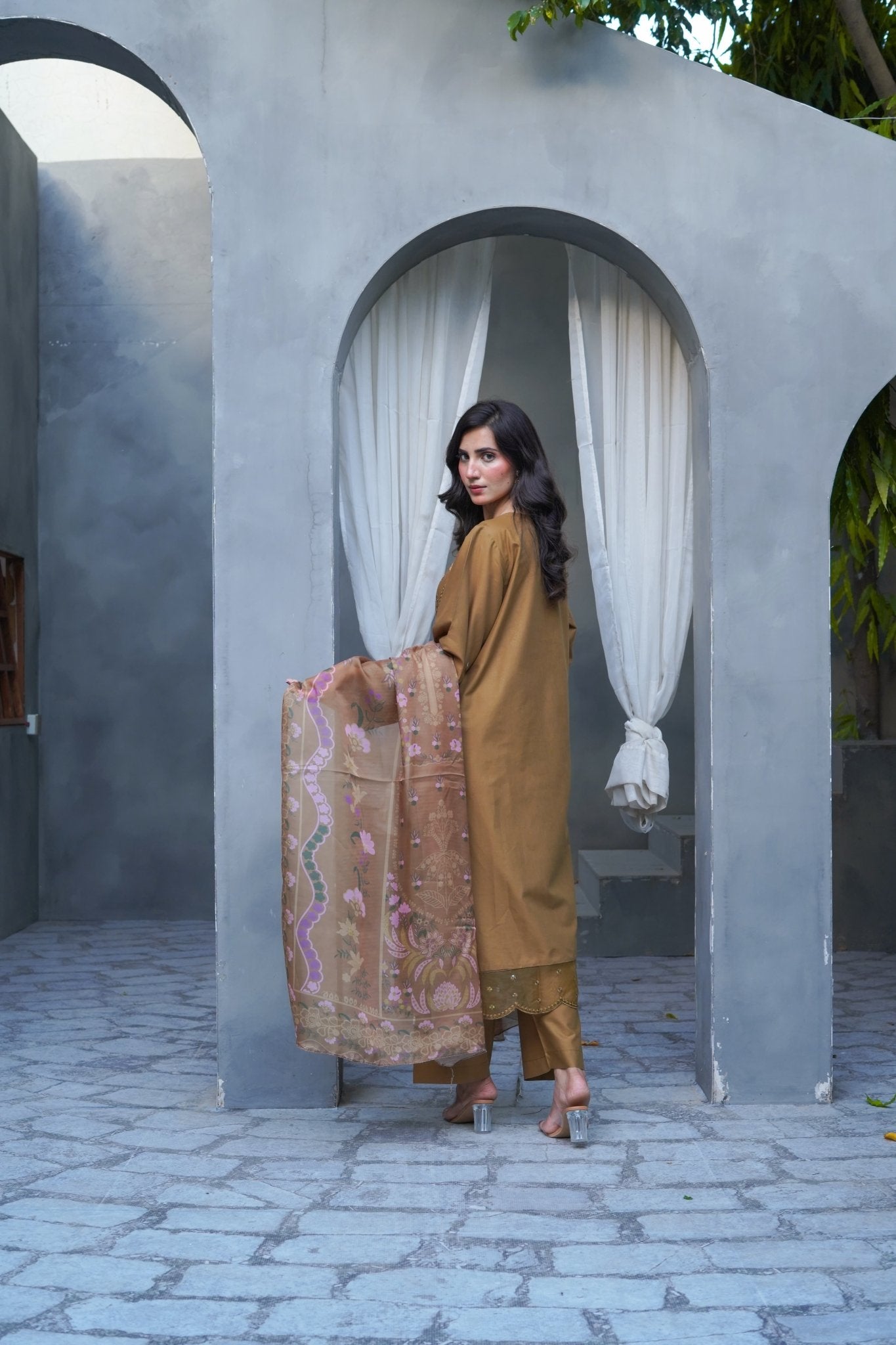 Brown Chikankari Embroidered 3-Piece Lawn Suit with Silk Chiffon Dupatta - sitarastyle.com