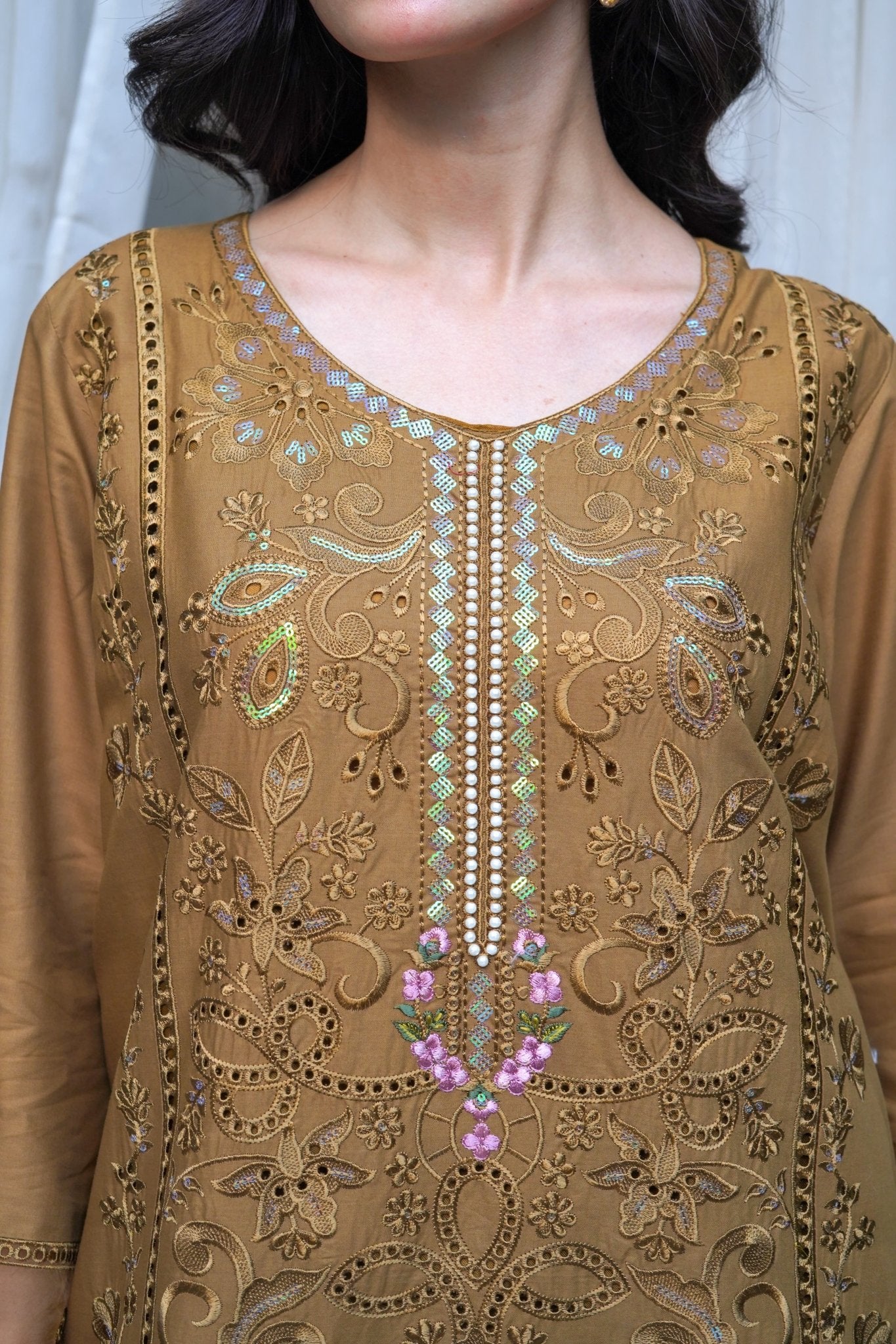Brown Chikankari Embroidered 3-Piece Lawn Suit with Silk Chiffon Dupatta - sitarastyle.com