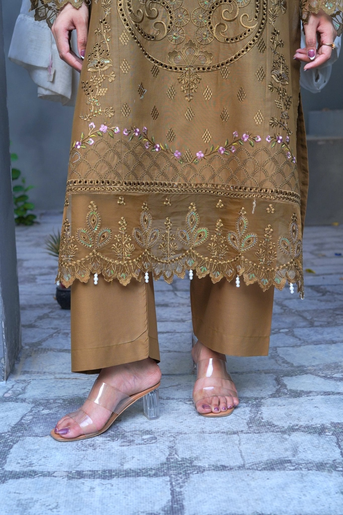 Brown Chikankari Embroidered 3-Piece Lawn Suit with Silk Chiffon Dupatta - sitarastyle.com