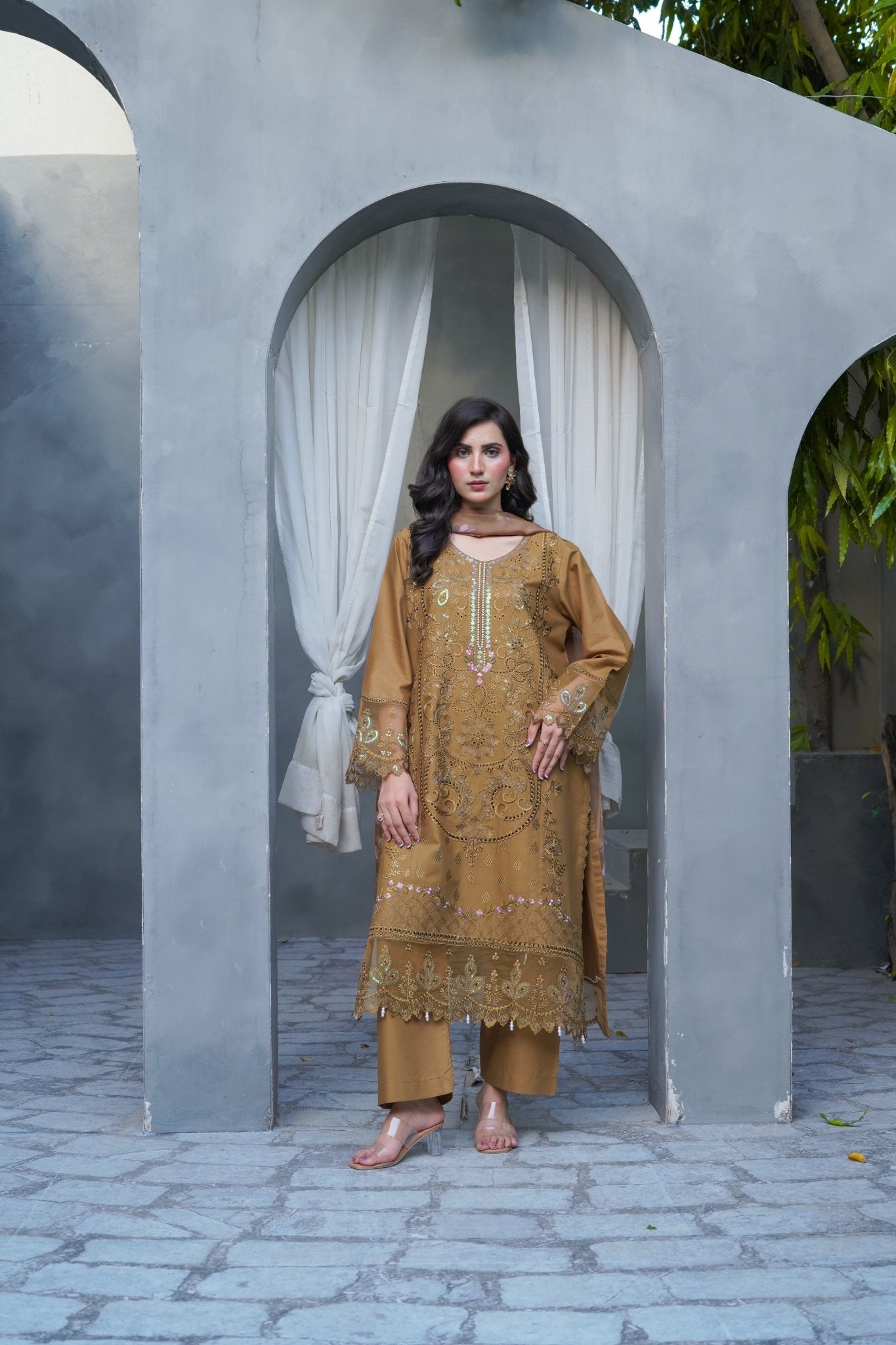 Brown Chikankari Embroidered 3-Piece Lawn Suit with Silk Chiffon Dupatta - sitarastyle.com