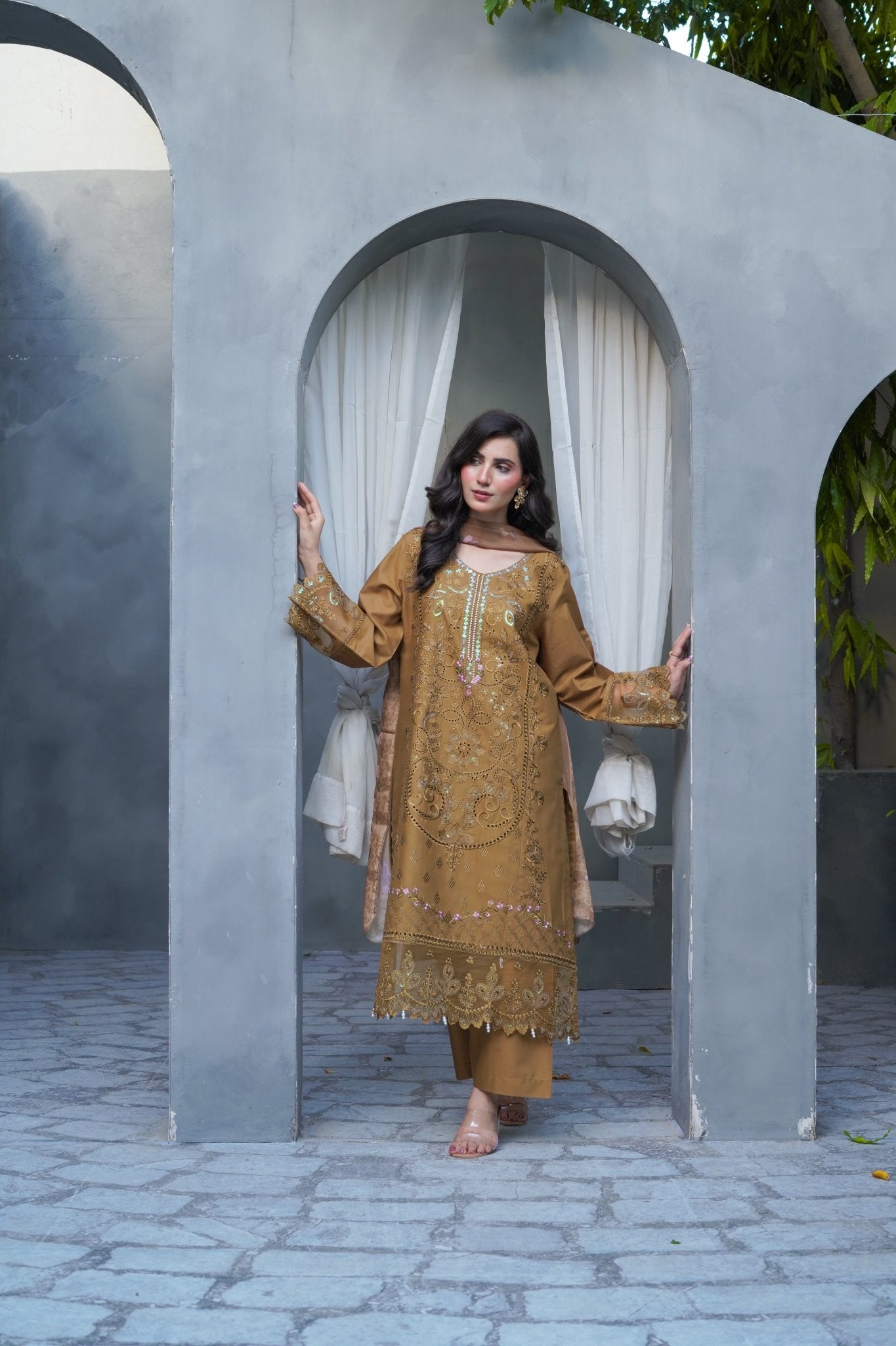 Brown Chikankari Embroidered 3-Piece Lawn Suit with Silk Chiffon Dupatta - sitarastyle.com