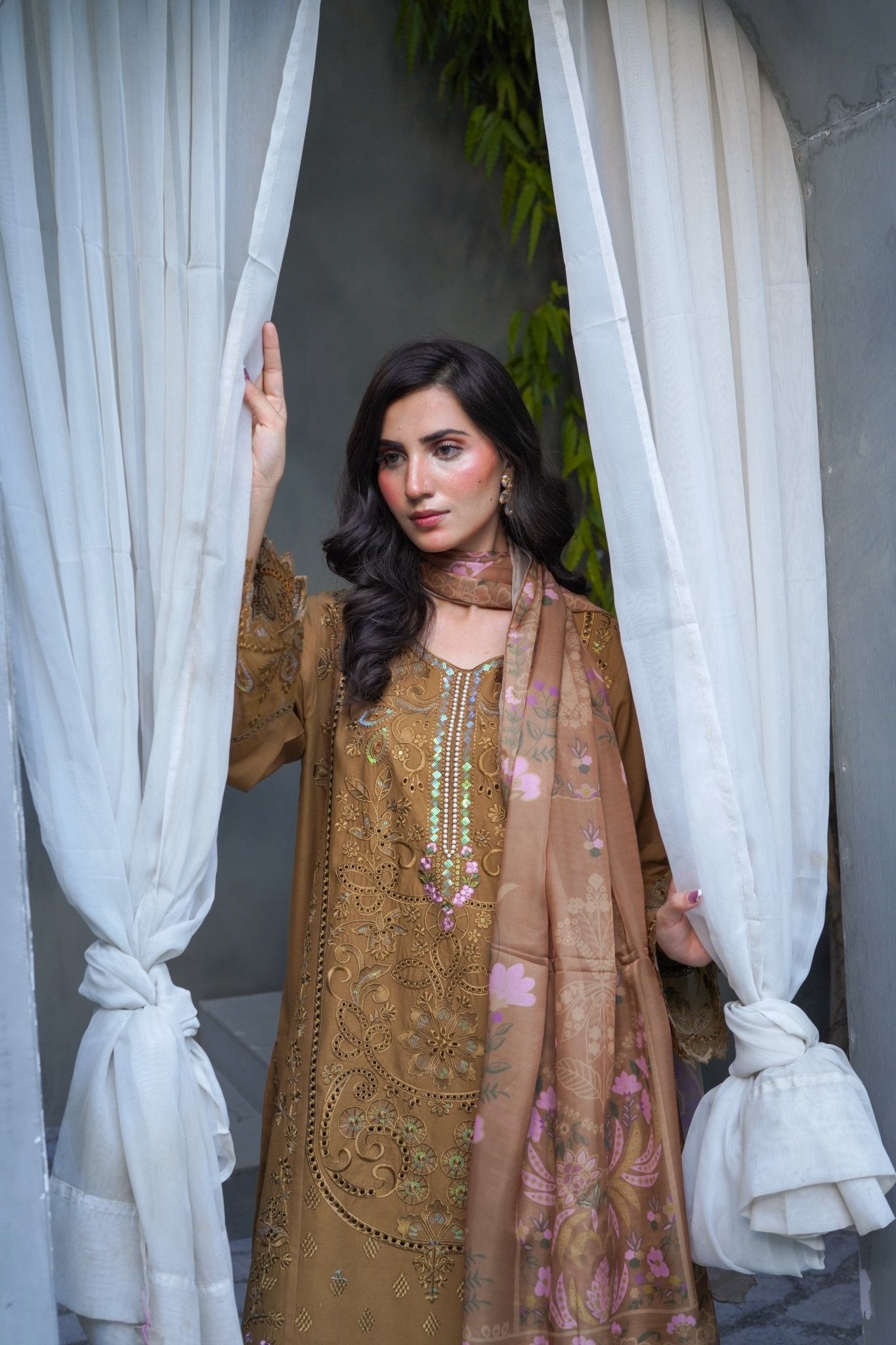 Brown Chikankari Embroidered 3-Piece Lawn Suit with Silk Chiffon Dupatta - sitarastyle.com