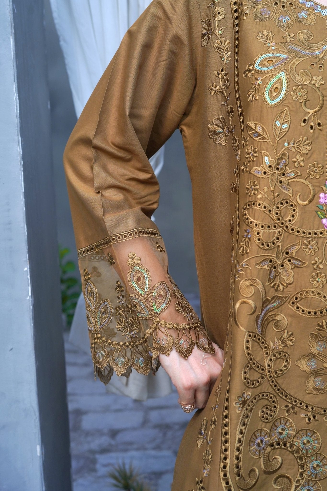 Brown Chikankari Embroidered 3-Piece Lawn Suit with Silk Chiffon Dupatta - sitarastyle.com