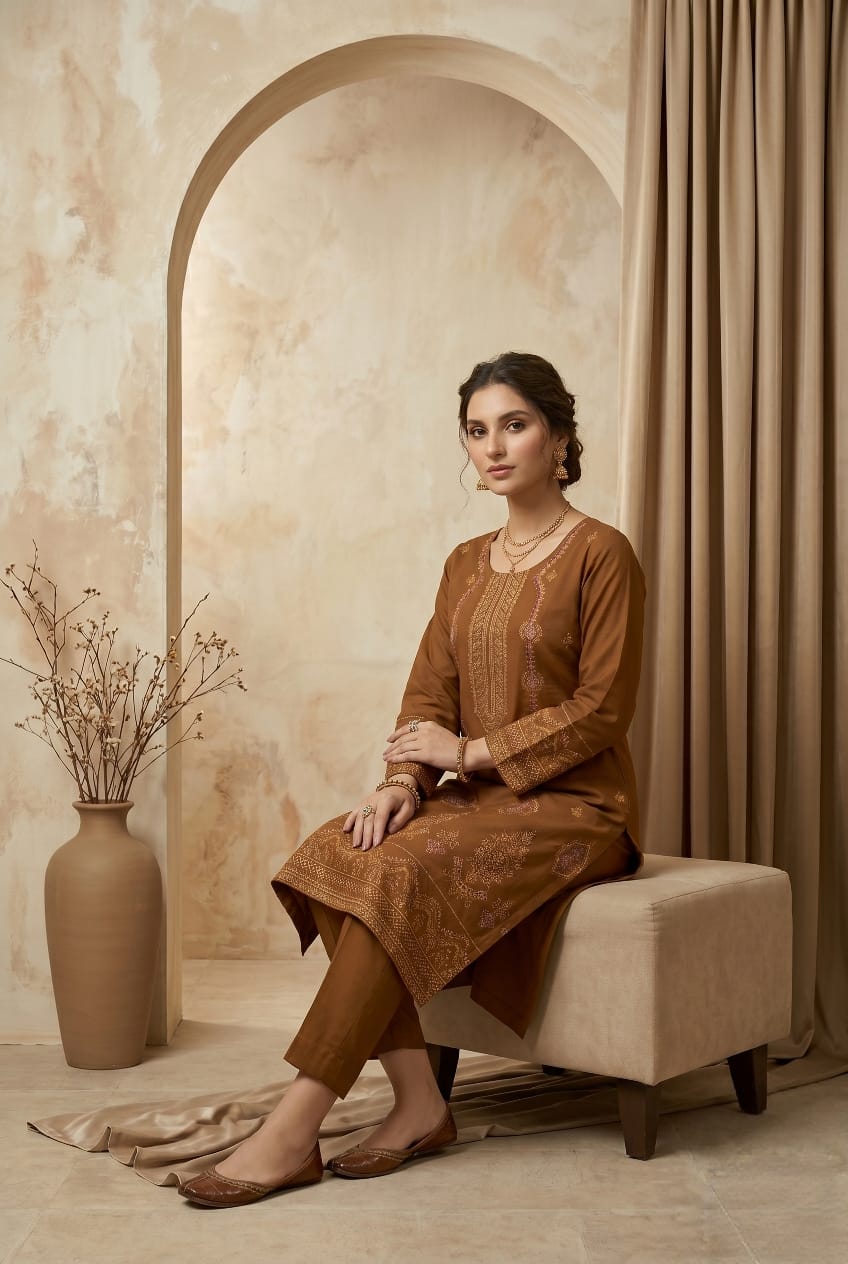 Camel Brown Embroidered 2 - Piece Lawn Suit Thread Work Collection - sitarastyle.com