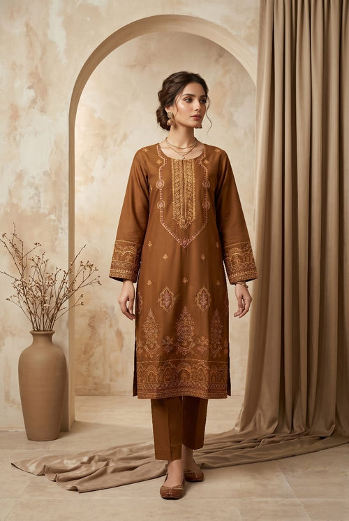 Aliya camel brown embroidered 2pc lawn suit with thread work - Sitara Style