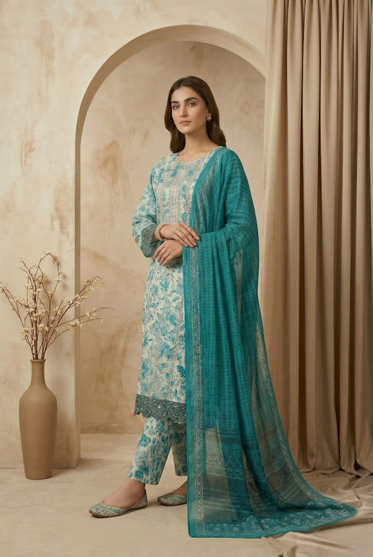 Cerulean Ferozi Embroidered 3 - Piece Lawn Suit - sitarastyle.com