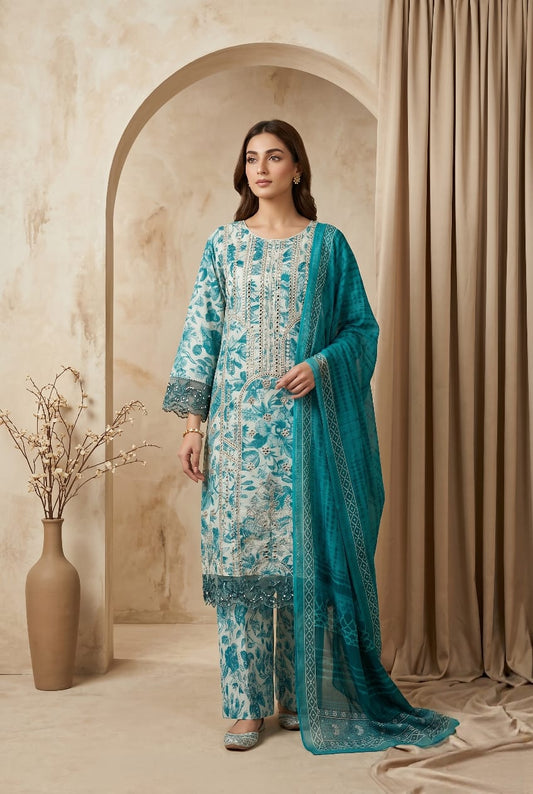 Cerulean Ferozi Embroidered 3 - Piece Lawn Suit - sitarastyle.com