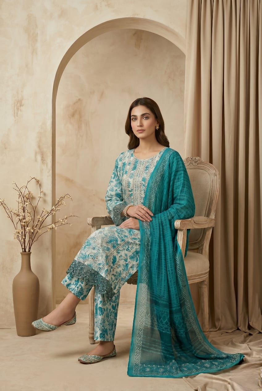 Cerulean Ferozi Embroidered 3 - Piece Lawn Suit - sitarastyle.com