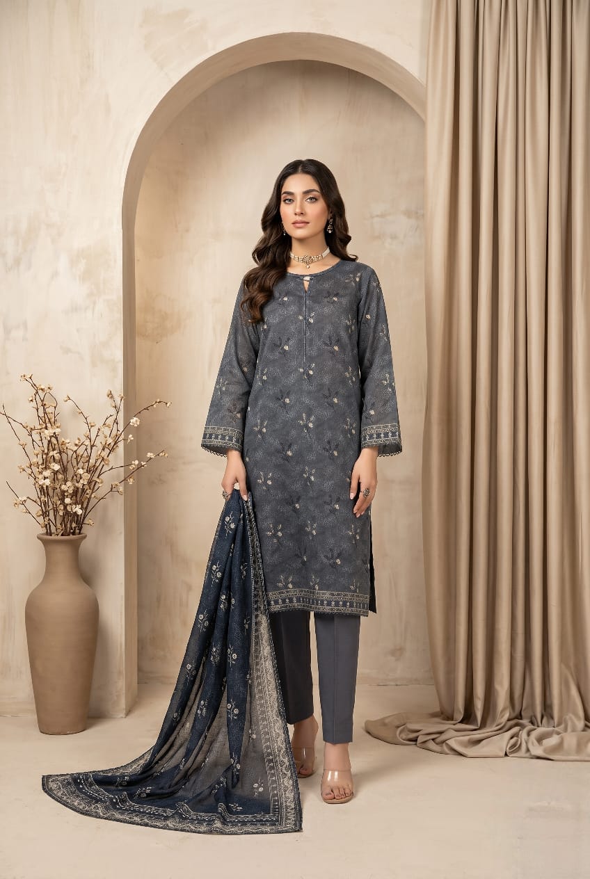 Charcoal Grey 3 - Piece Printed Lawn Suit with Lawn Dupatta - sitarastyle.com