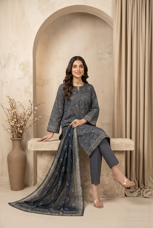 Charcoal Grey 3 - Piece Printed Lawn Suit with Lawn Dupatta - sitarastyle.com