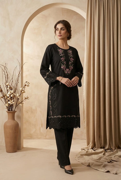 Sitara classic black 2pc embroidered lawn suit with thread work kurta - Sitara Style