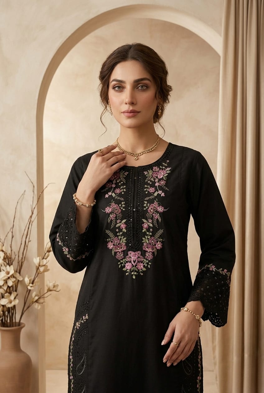 Classic Black 2pc Embroidered Lawn Suit | Thread Work Kurta - sitarastyle.com