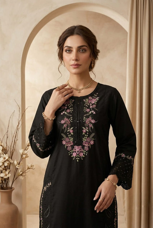Classic Black 2pc Embroidered Lawn Suit | Thread Work Kurta - sitarastyle.com