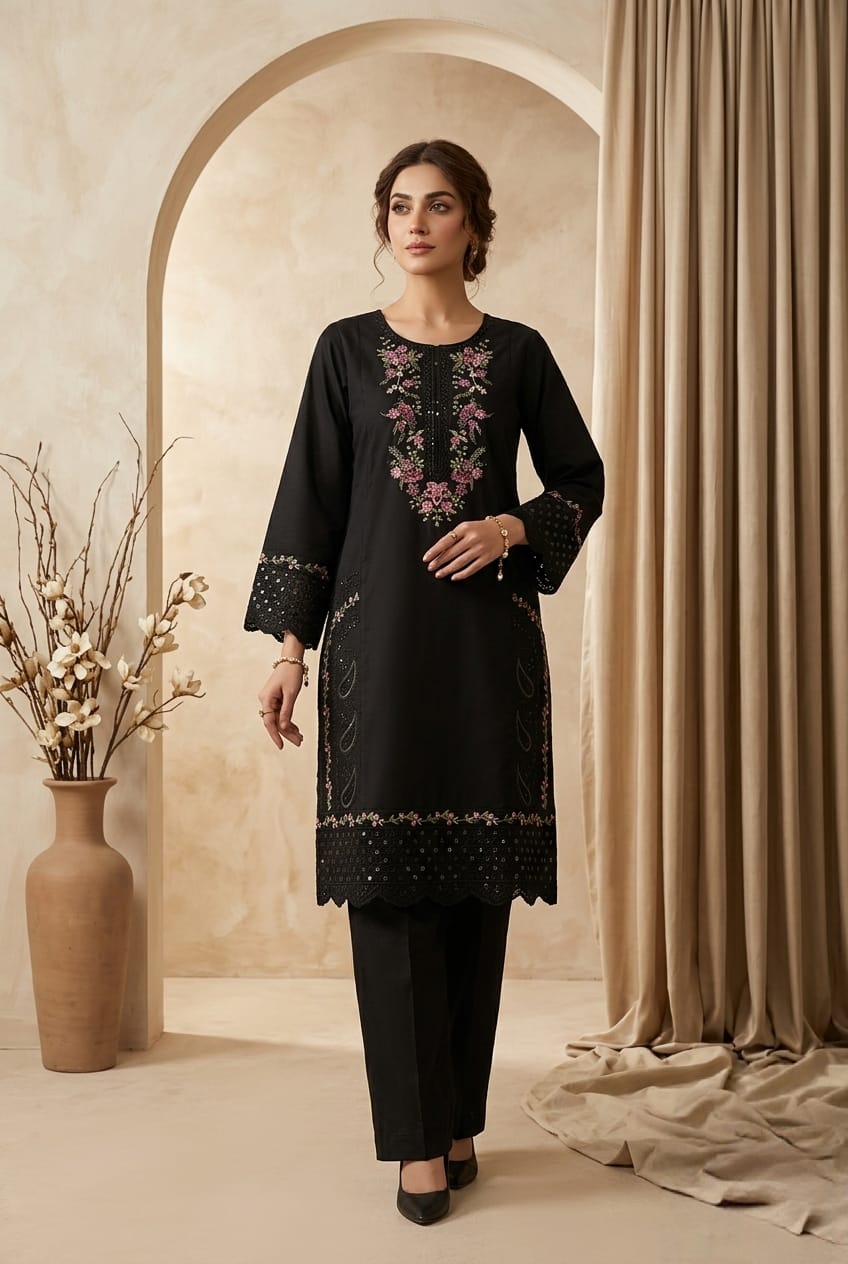 Classic Black 2pc Embroidered Lawn Suit | Thread Work Kurta - sitarastyle.com