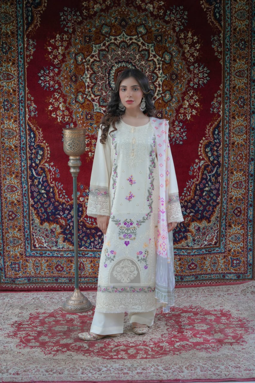 Cool Grey Embroidered 3-Piece Lawn Suit with Printed Silk Chiffon Dupatta - sitarastyle.com