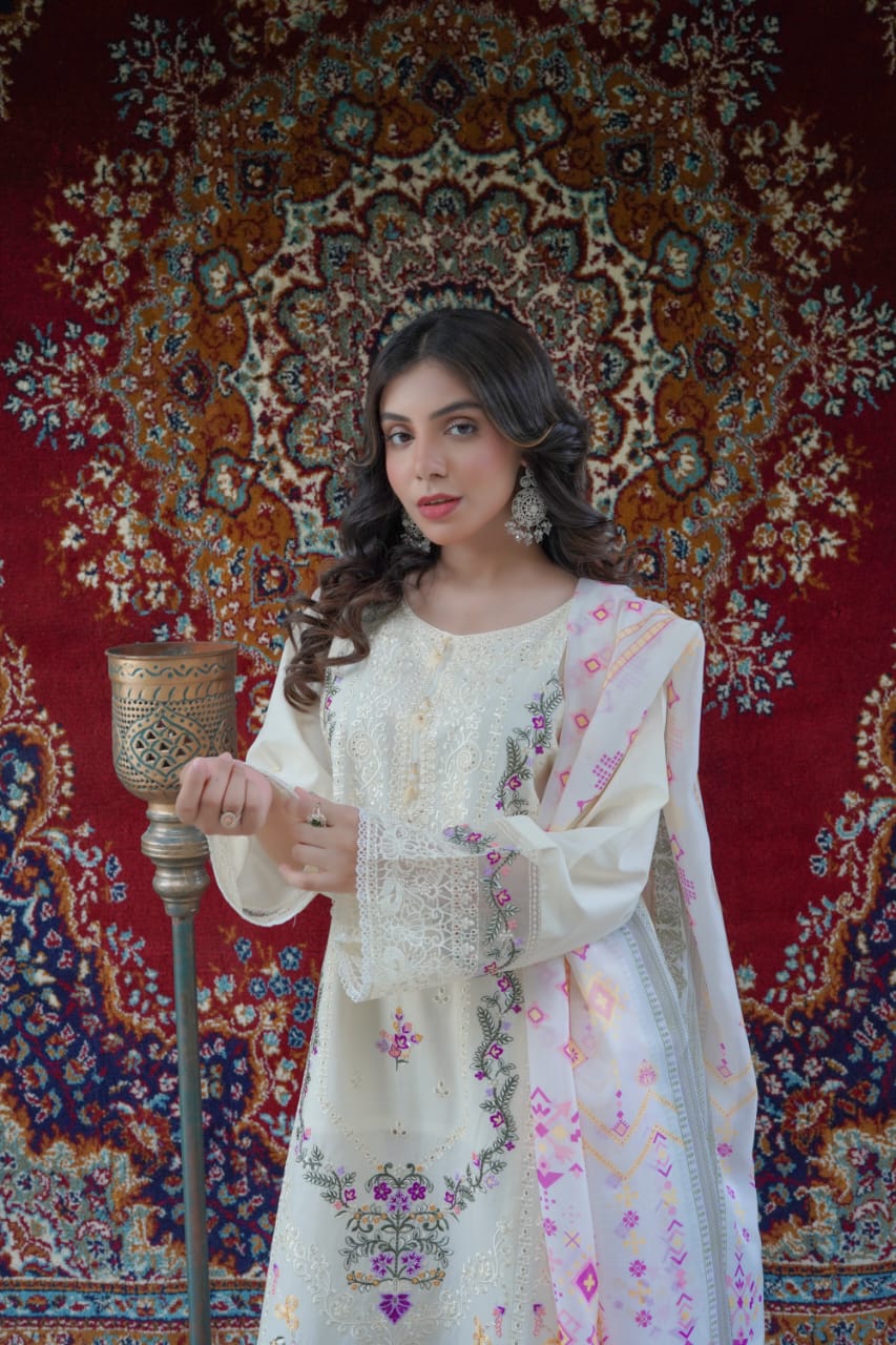 Cool Grey Embroidered 3-Piece Lawn Suit with Printed Silk Chiffon Dupatta - sitarastyle.com