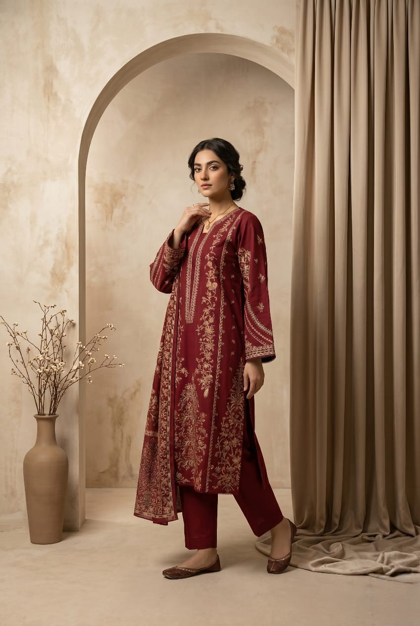 Crimson Red Embroidered 3 - Piece Lawn Suit - sitarastyle.com