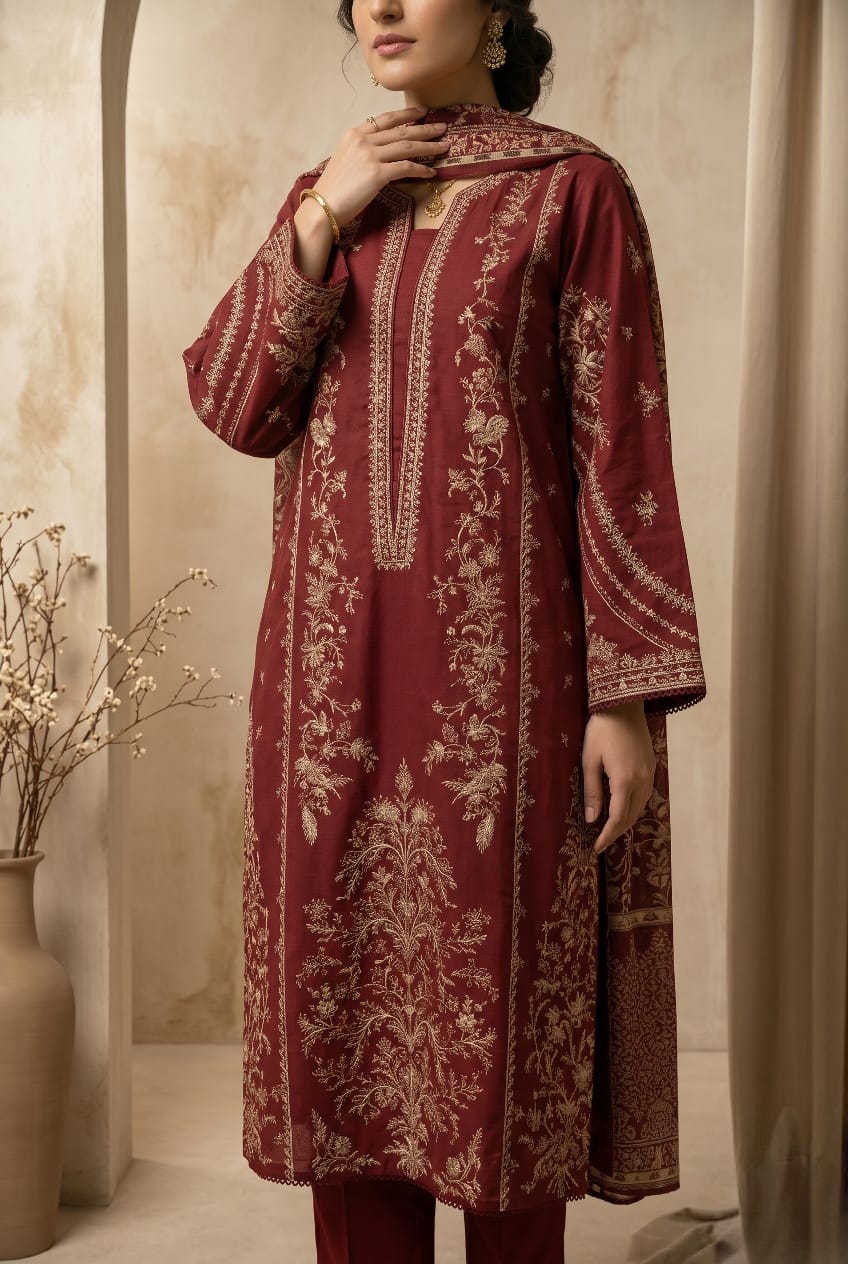 Crimson Red Embroidered 3 - Piece Lawn Suit - sitarastyle.com