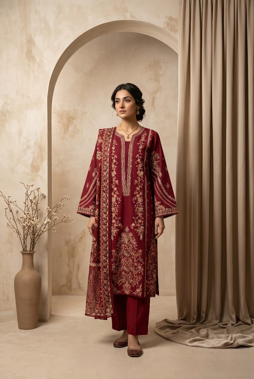 Crimson Red Embroidered 3 - Piece Lawn Suit - sitarastyle.com