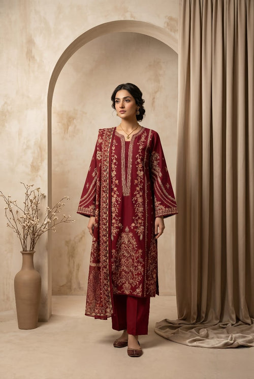 Crimson red embroidered 3pc lawn suit - Sitara Style