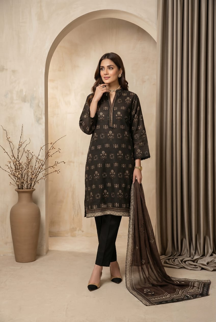 Dark Brown 3 - Piece Printed Lawn Suit with Lawn Dupatta - sitarastyle.com