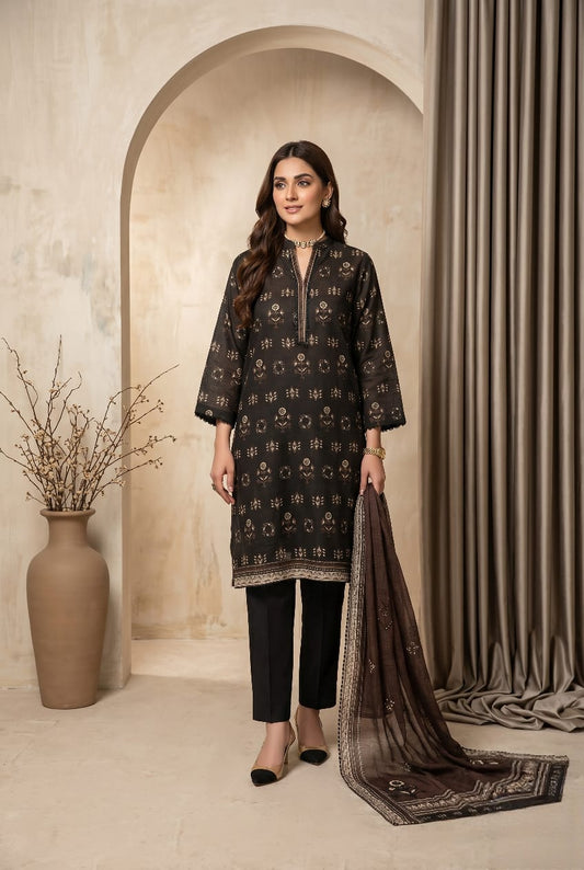 Dark Brown 3 - Piece Printed Lawn Suit with Lawn Dupatta - sitarastyle.com